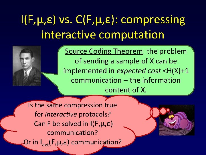I(F, μ, ε) vs. C(F, μ, ε): compressing interactive computation Source Coding Theorem: the