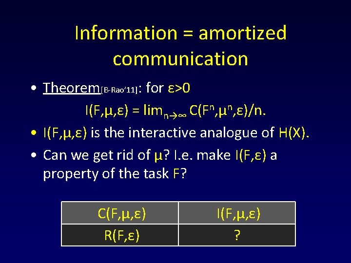 Information = amortized communication • Theorem[B-Rao’ 11]: for ε>0 I(F, μ, ε) = limn→∞