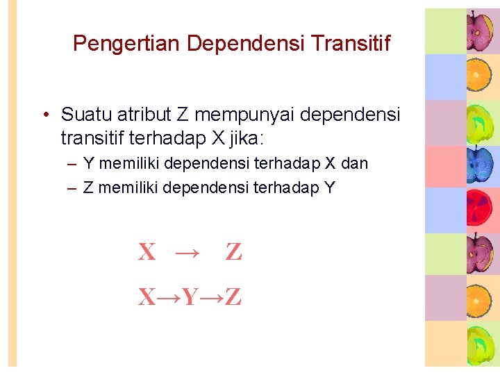 Pengertian Dependensi Transitif • Suatu atribut Z mempunyai dependensi transitif terhadap X jika: –