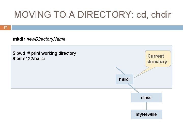 MOVING TO A DIRECTORY: cd, chdir 17 mkdir new. Directory. Name $ pwd #