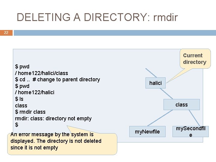 DELETING A DIRECTORY: rmdir 22 $ pwd / home 122/halici/class $ cd. . #