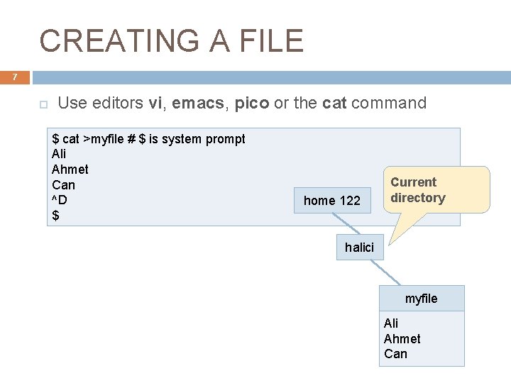 CREATING A FILE 7 Use editors vi, emacs, pico or the cat command $