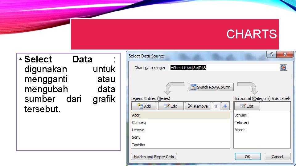 CHARTS • Select Data : digunakan untuk mengganti atau mengubah data sumber dari grafik