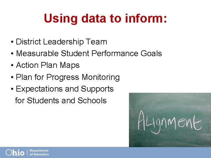 Using data to inform: • District Leadership Team • Measurable Student Performance Goals •