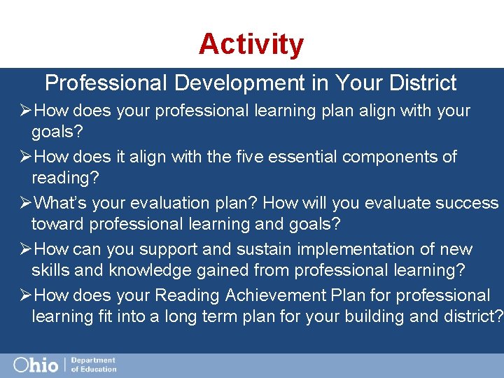 Activity Professional Development in Your District ØHow does your professional learning plan align with