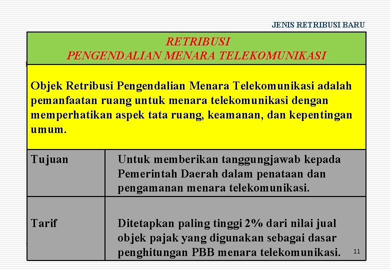 JENIS RETRIBUSI BARU RETRIBUSI PENGENDALIAN MENARA TELEKOMUNIKASI Objek Retribusi Pengendalian Menara Telekomunikasi adalah pemanfaatan