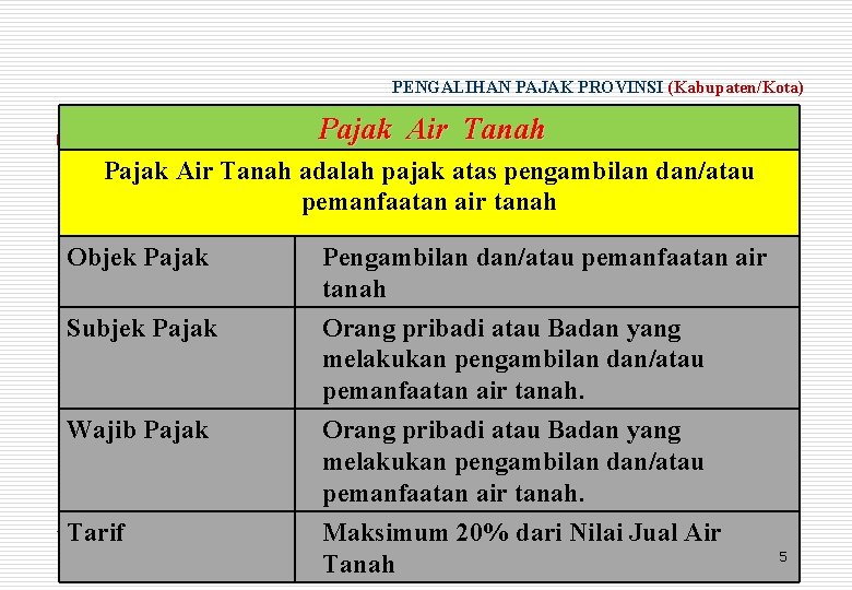 PENGALIHAN PAJAK PROVINSI (Kabupaten/Kota) Pajak Air Tanah adalah pajak atas pengambilan dan/atau pemanfaatan air