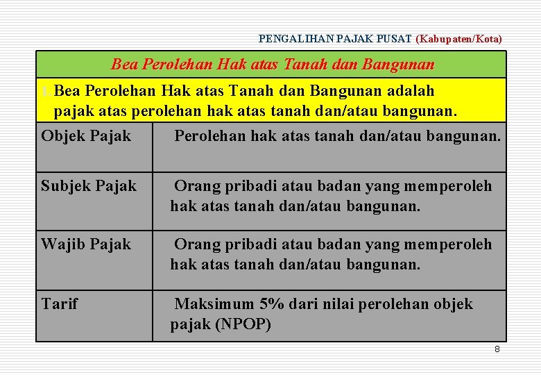 PENGALIHAN PAJAK PUSAT (Kabupaten/Kota) Bea Perolehan Hak atas Tanah dan Bangunan 1. Bea Perolehan