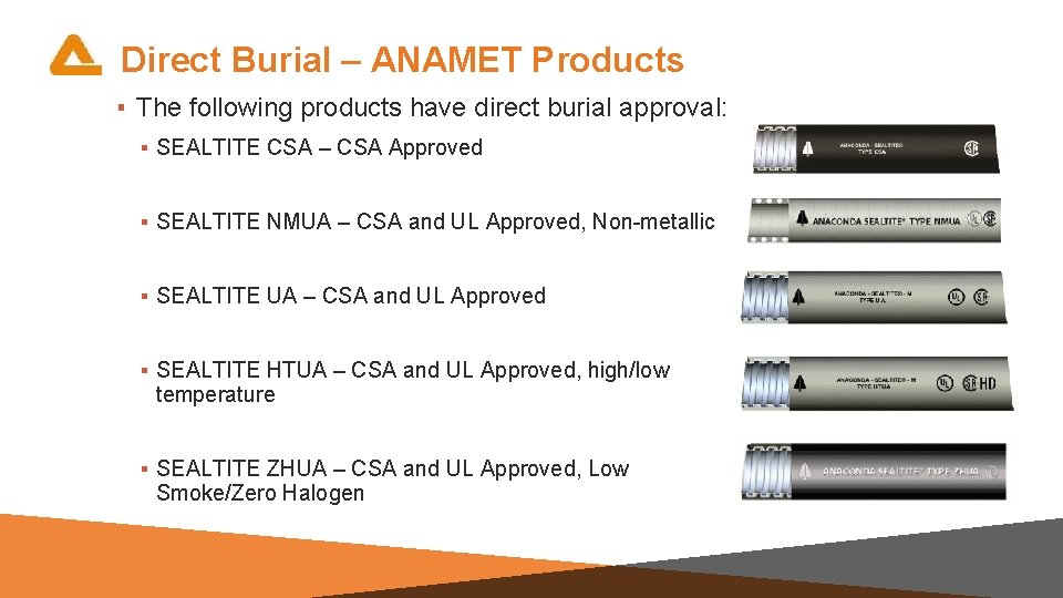 Direct Burial – ANAMET Products ▪ The following products have direct burial approval: ▪