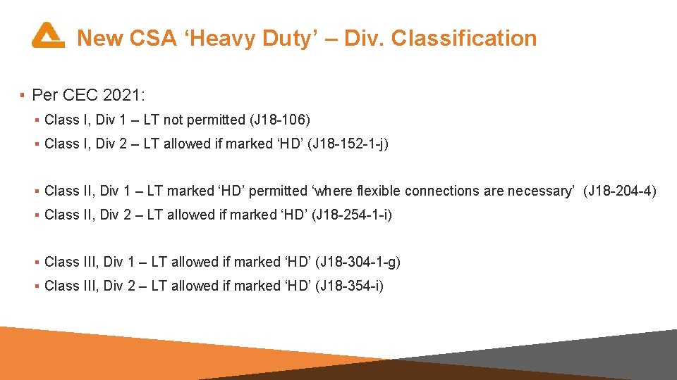 New CSA ‘Heavy Duty’ – Div. Classification ▪ Per CEC 2021: ▪ Class I,