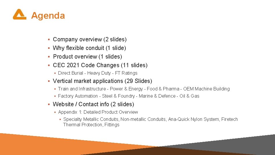 Agenda ▪ ▪ Company overview (2 slides) Why flexible conduit (1 slide) Product overview