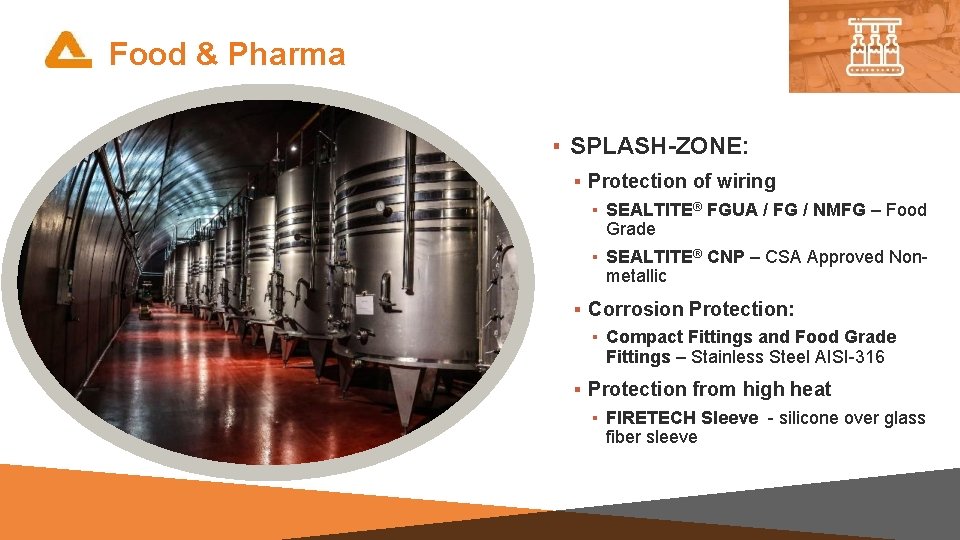 Food & Pharma ▪ SPLASH-ZONE: ▪ Protection of wiring ▪ SEALTITE® FGUA / FG