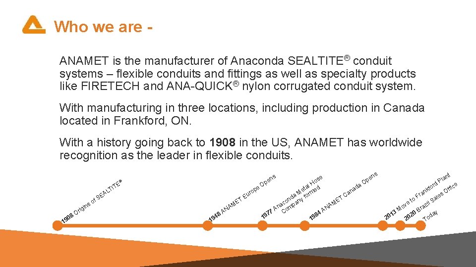 Who we are ANAMET is the manufacturer of Anaconda SEALTITE® conduit systems – flexible