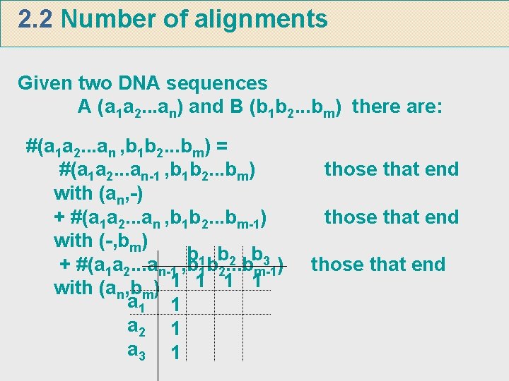 2. 2 Number of alignments Given two DNA sequences A (a 1 a 2.