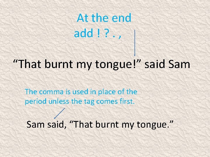 At the end add ! ? . , “That burnt my tongue!” said Sam