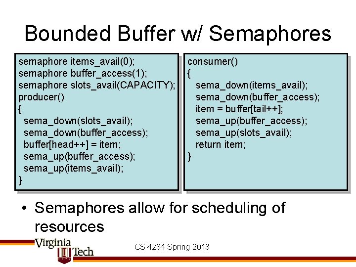 Bounded Buffer w/ Semaphores semaphore items_avail(0); semaphore buffer_access(1); semaphore slots_avail(CAPACITY); producer() { sema_down(slots_avail); sema_down(buffer_access);