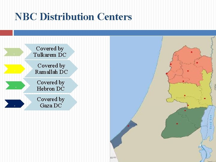 NBC Distribution Centers. Covered by Tulkarem DC . Covered by Ramallah DC . Covered