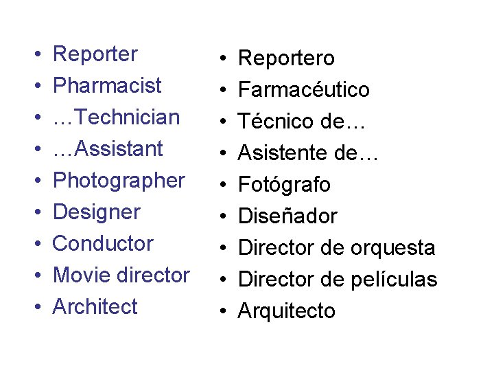  • • • Reporter Pharmacist …Technician …Assistant Photographer Designer Conductor Movie director Architect