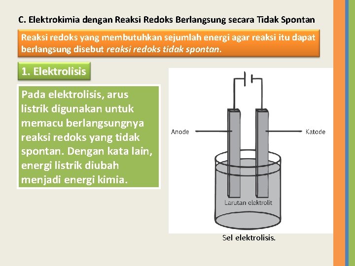 C. Elektrokimia dengan Reaksi Redoks Berlangsung secara Tidak Spontan Reaksi redoks yang membutuhkan sejumlah