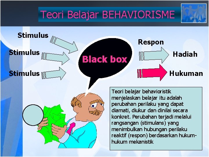 Teori Belajar BEHAVIORISME Stimulus Respon Black box Hadiah Hukuman Teori belajar behavioristik menjelaskan belajar