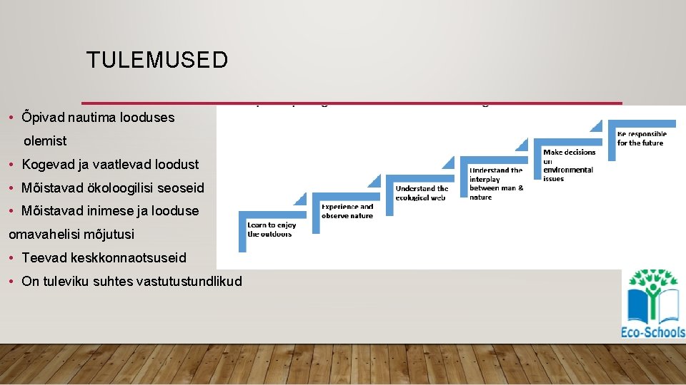 TULEMUSED • Õpivad nautima looduses olemist • Kogevad ja vaatlevad loodust • Mõistavad ökoloogilisi