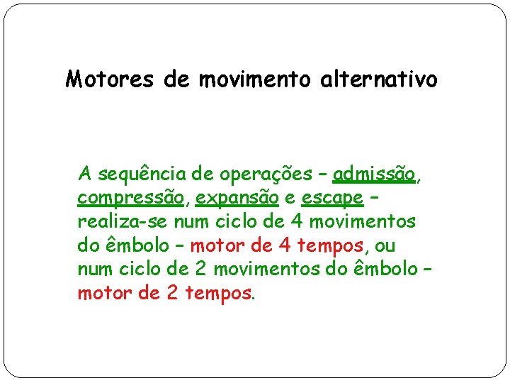 Motores de movimento alternativo A sequência de operações – admissão, compressão, expansão e escape