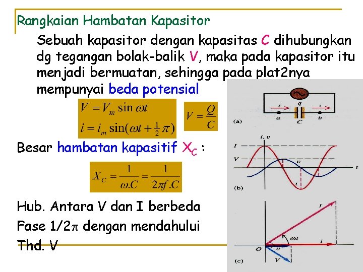 Rangkaian Hambatan Kapasitor Sebuah kapasitor dengan kapasitas C dihubungkan dg tegangan bolak-balik V, maka