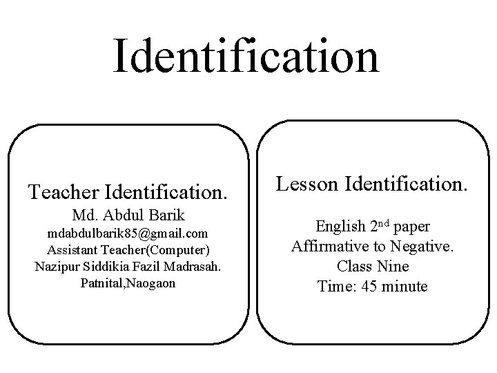 Identification Teacher Identification. Md. Abdul Barik mdabdulbarik 85@gmail. com Assistant Teacher(Computer) Nazipur Siddikia Fazil