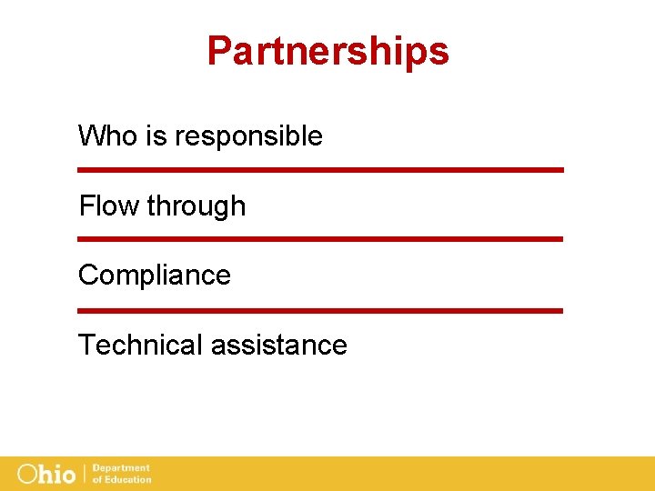 Partnerships Who is responsible Flow through Compliance Technical assistance 
