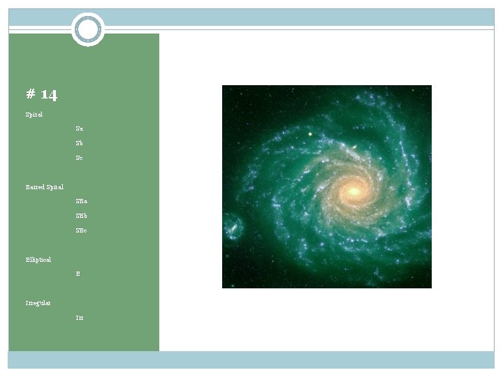 # 14 Spiral Sa Sb Sc Barred Spiral SBa SBb SBc Elliptical E Irregular