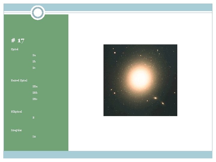 # 17 Spiral Sa Sb Sc Barred Spiral SBa SBb SBc Elliptical E Irregular