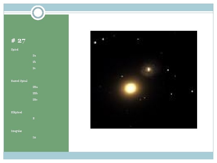 # 27 Spiral Sa Sb Sc Barred Spiral SBa SBb SBc Elliptical E Irregular