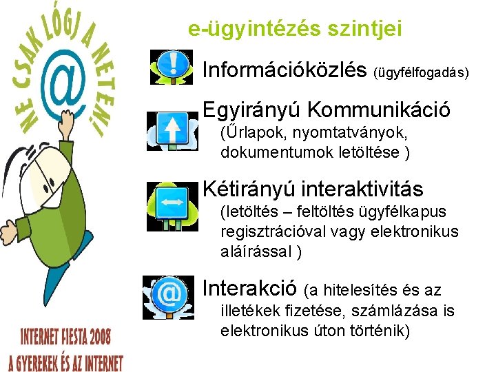 e-ügyintézés szintjei Információközlés (ügyfélfogadás) Egyirányú Kommunikáció (Űrlapok, nyomtatványok, dokumentumok letöltése ) Kétirányú interaktivitás (letöltés