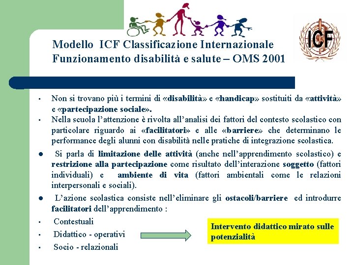 Modello ICF Classificazione Internazionale Funzionamento disabilità e salute – OMS 2001 • • •