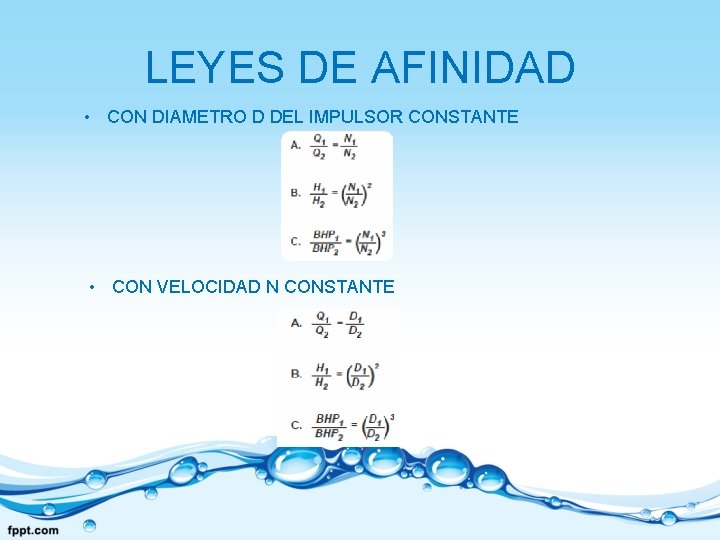 LEYES DE AFINIDAD • CON DIAMETRO D DEL IMPULSOR CONSTANTE • CON VELOCIDAD N