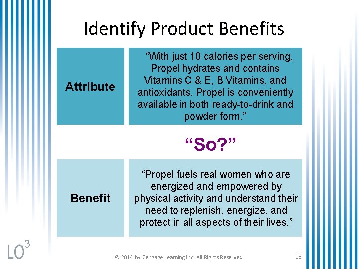 Identify Product Benefits Attribute “With just 10 calories per serving, Propel hydrates and contains