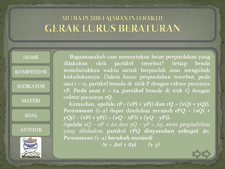 MEDIA PEMBELAJARAN INTERAKTIF GERAK LURUS BERATURAN HOME KOMPETENSI INDIKATOR MATERI SOAL AUTHOR Bagaimanakah cara