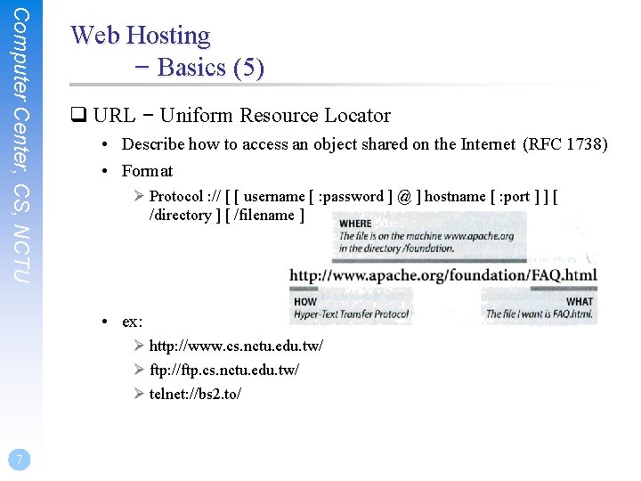 Computer Center, CS, NCTU Web Hosting – Basics (5) q URL – Uniform Resource