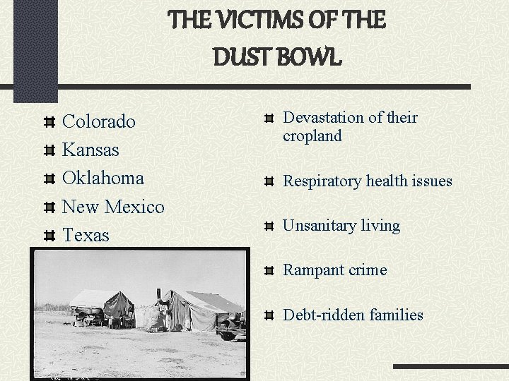 THE VICTIMS OF THE DUST BOWL Colorado Kansas Oklahoma New Mexico Texas Devastation of