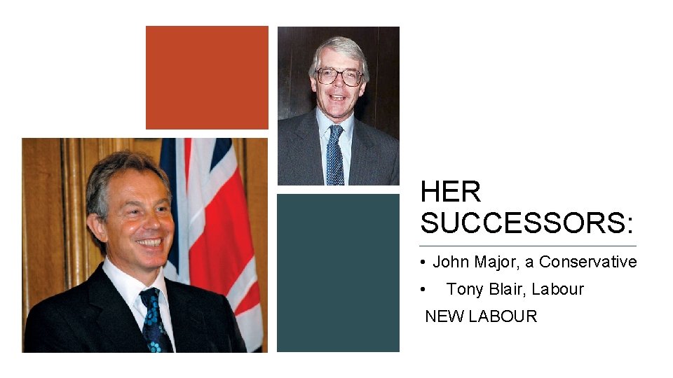 HER SUCCESSORS: • John Major, a Conservative • Tony Blair, Labour NEW LABOUR 