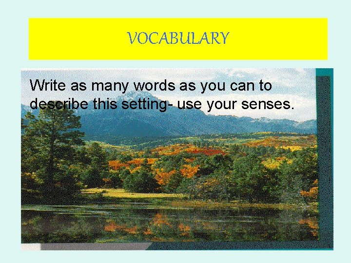 VOCABULARY Write as many words as you can to describe this setting- use your