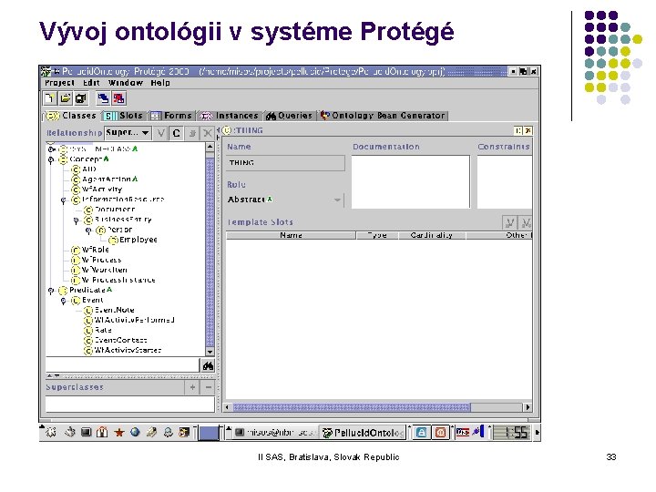 Vývoj ontológii v systéme Protégé II SAS, Bratislava, Slovak Republic 33 