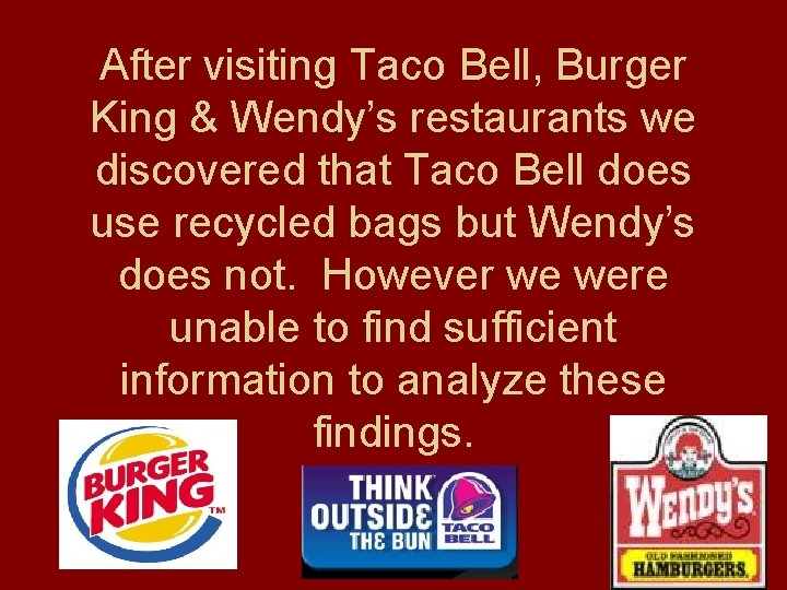 After visiting Taco Bell, Burger King & Wendy’s restaurants we discovered that Taco Bell After visiting Taco Bell, Burger King & Wendy’s restaurants we discovered that Taco Bell