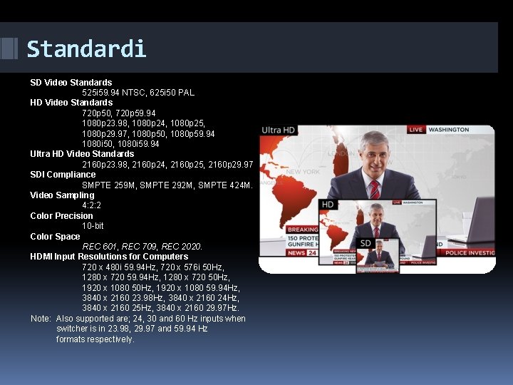 Standardi SD Video Standards 525 i 59. 94 NTSC, 625 i 50 PAL HD