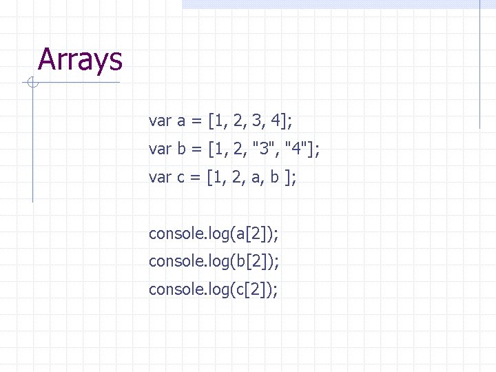 Arrays var a = [1, 2, 3, 4]; var b = [1, 2, "3",