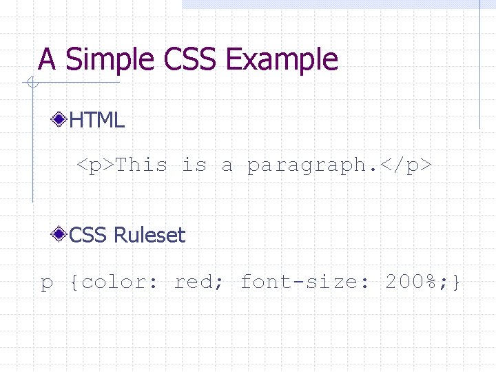 A Simple CSS Example HTML <p>This is a paragraph. </p> CSS Ruleset p {color: A Simple CSS Example HTML <p>This is a paragraph. </p> CSS Ruleset p {color: