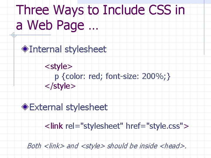 Three Ways to Include CSS in a Web Page … Internal stylesheet <style> p Three Ways to Include CSS in a Web Page … Internal stylesheet <style> p