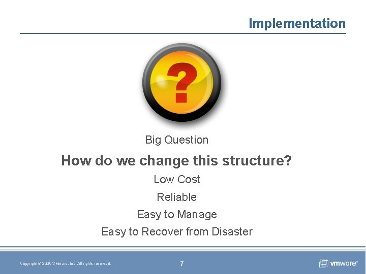 Implementation Big Question How do we change this structure? Low Cost Reliable Easy to