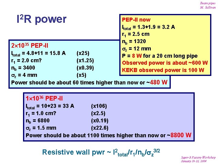 Beam pipes M. Sullivan I 2 R power 2 1035 PEP-II now Itotal = Beam pipes M. Sullivan I 2 R power 2 1035 PEP-II now Itotal =