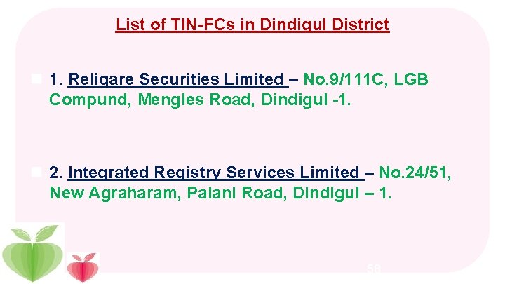 List of TIN-FCs in Dindigul District n 1. Religare Securities Limited – No. 9/111